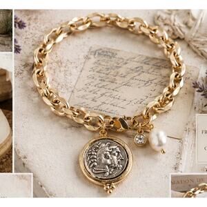 Equestrian Coin Anklet or Bracelet (adjustable) freshwater pearl, horse/greek